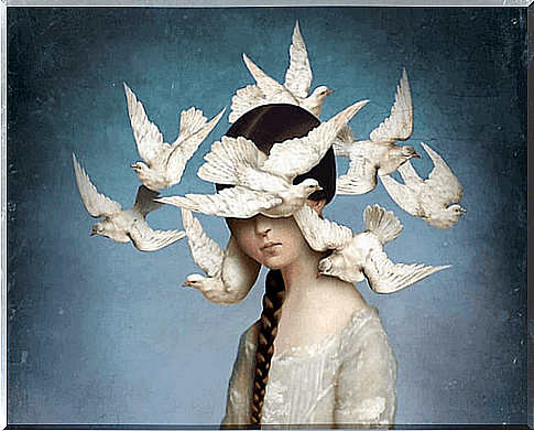 birds around the girl's head